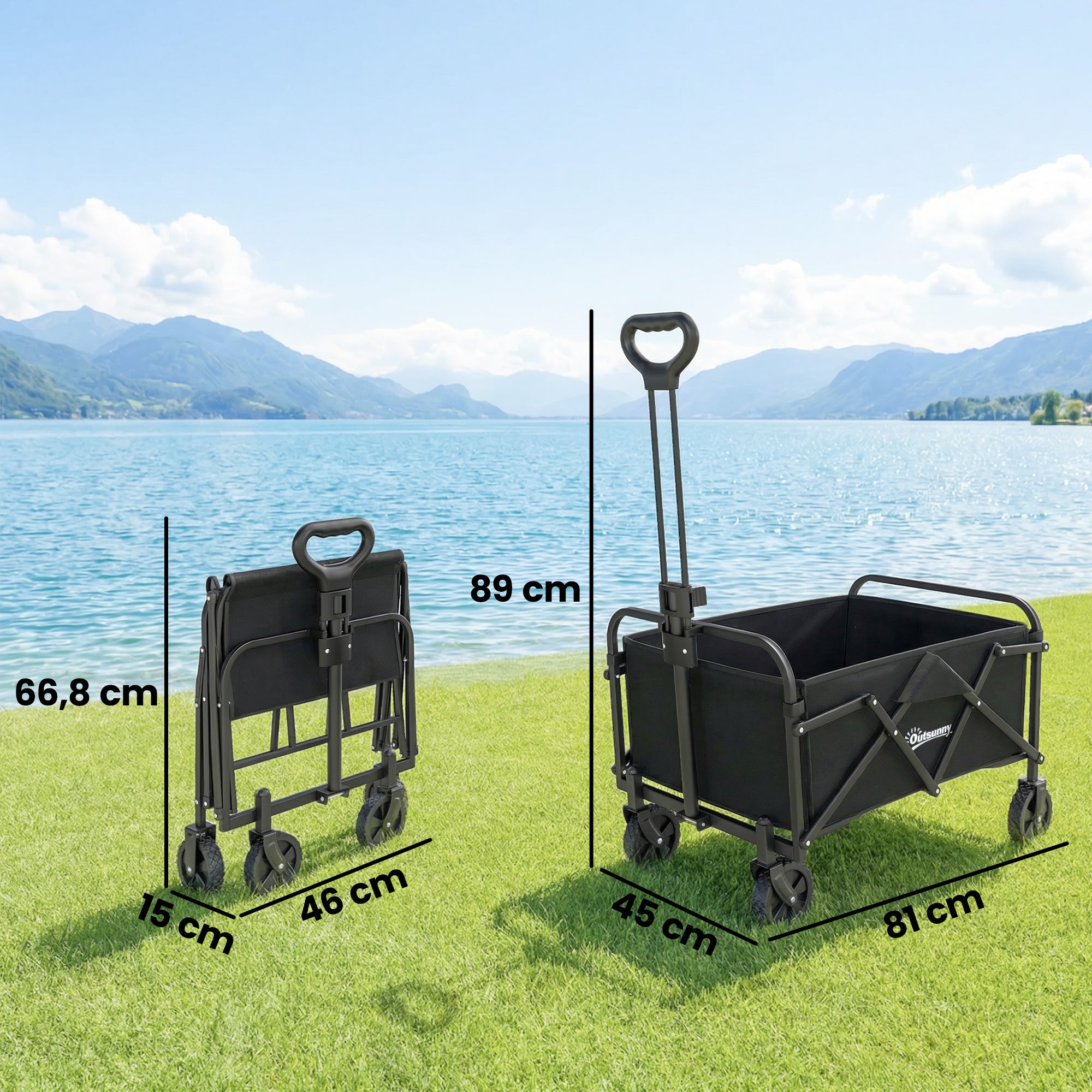 Foldable Beach Wagon with Wheels, Adjustable Handle, Metal Frame, 150 lb Capacity, All-Terrain Utility Cart for Garden, Camping, Shopping — Black