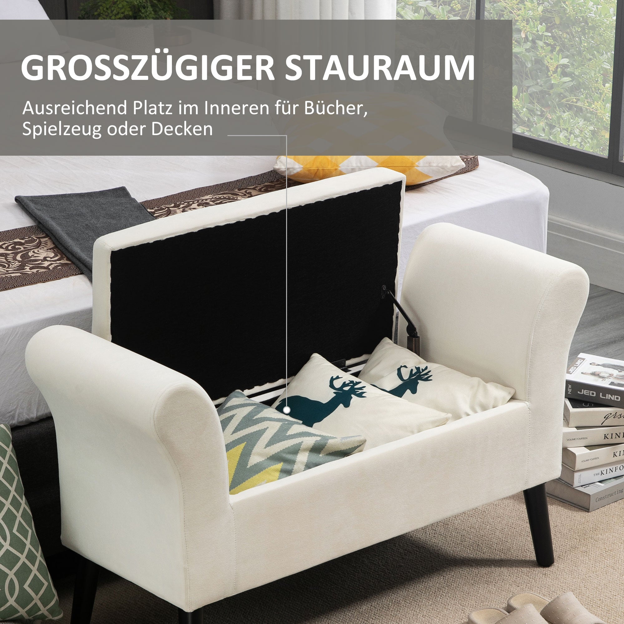 Upholstered Bench with Storage Ottoman Bench with Armrest for Entryway Bedroom Velvet Polyester 111.5 x 41 x 65 cm Cream White