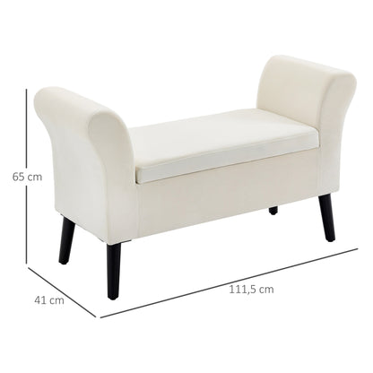 Upholstered Bench with Storage Ottoman Bench with Armrest for Entryway Bedroom Velvet Polyester 111.5 x 41 x 65 cm Cream White
