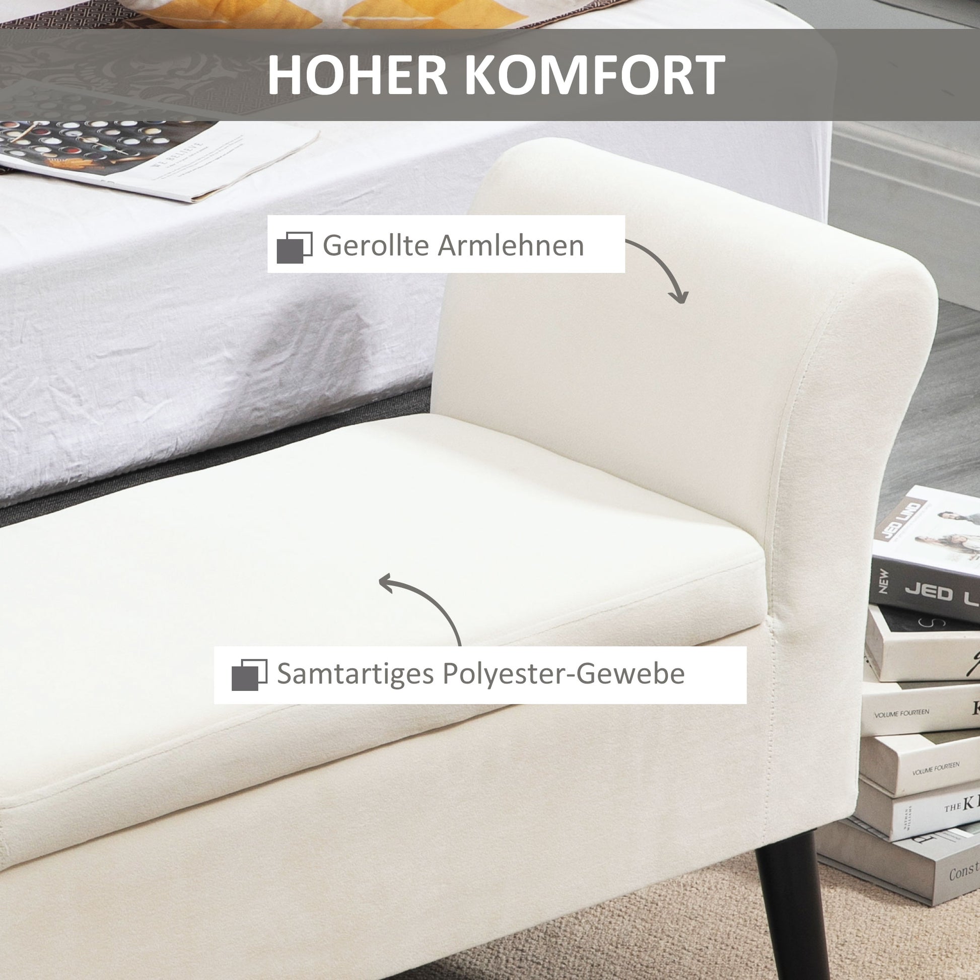 Upholstered Bench with Storage Ottoman Bench with Armrest for Entryway Bedroom Velvet Polyester 111.5 x 41 x 65 cm Cream White