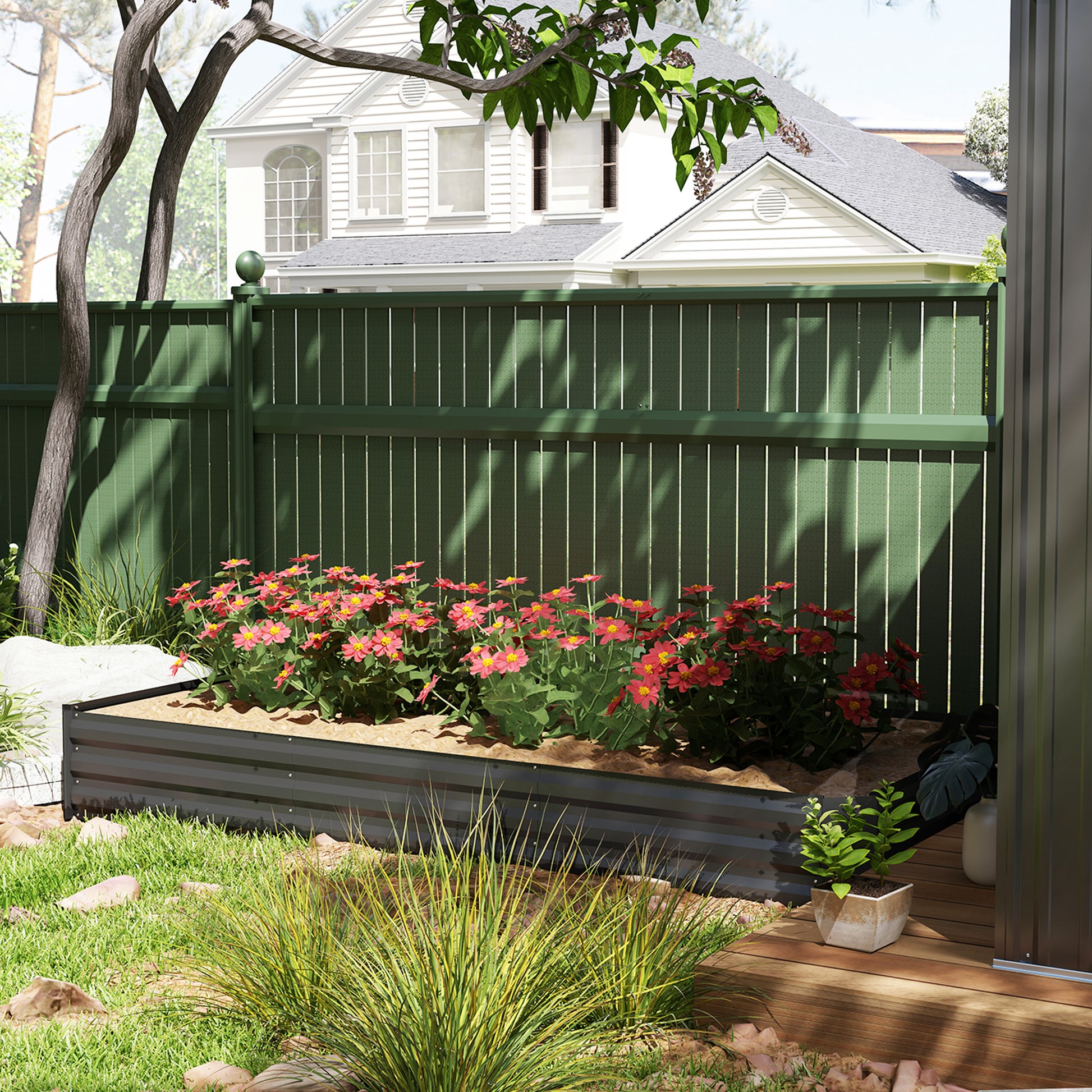 Outdoor Planter, Rectangular Garden Vegetable Raised Bed with Safety Edge and Open Bottom, for Flowers, Herbs, 240 x 120 x 30 cm, Dark Gray