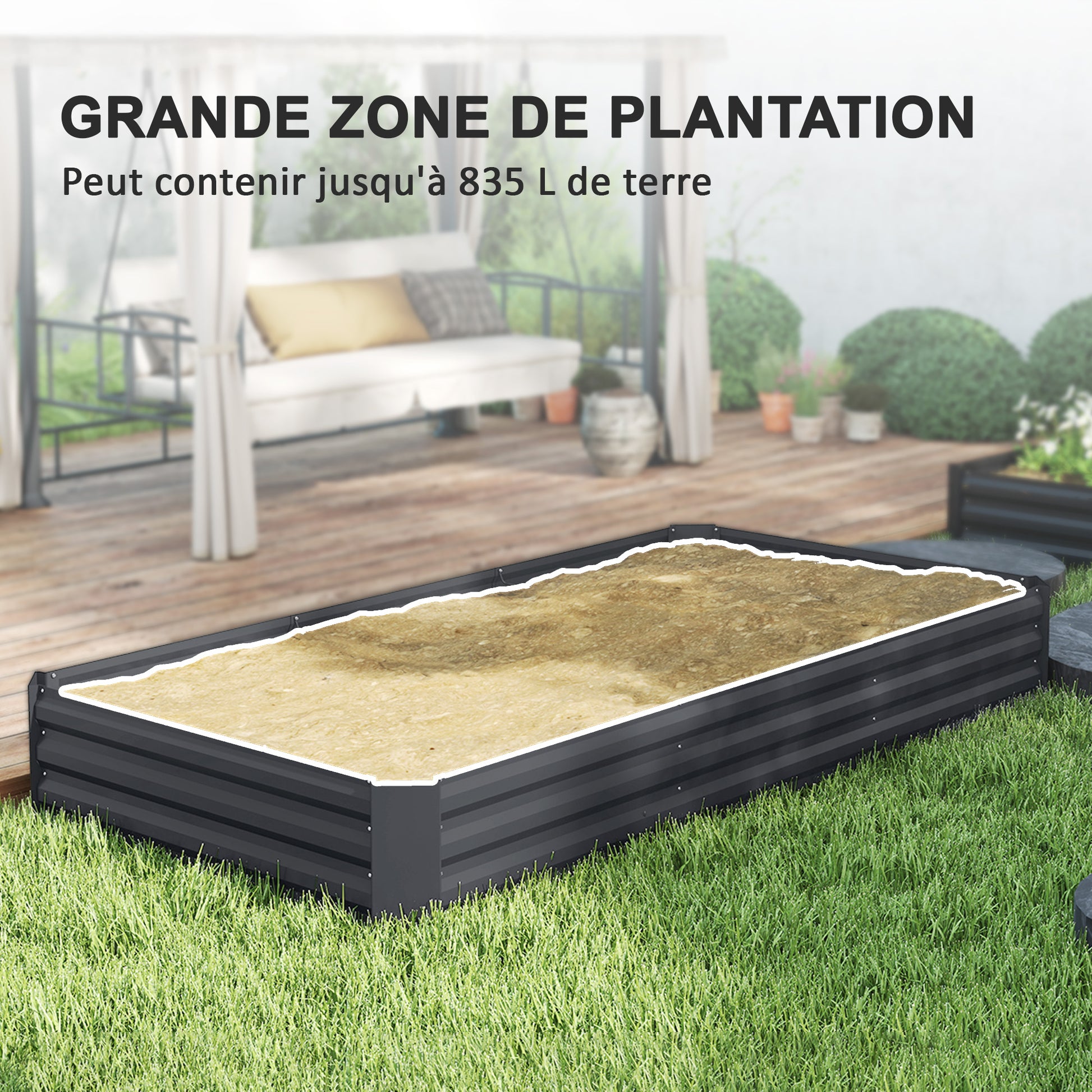Outdoor Planter, Rectangular Garden Vegetable Raised Bed with Safety Edge and Open Bottom, for Flowers, Herbs, 240 x 120 x 30 cm, Dark Gray