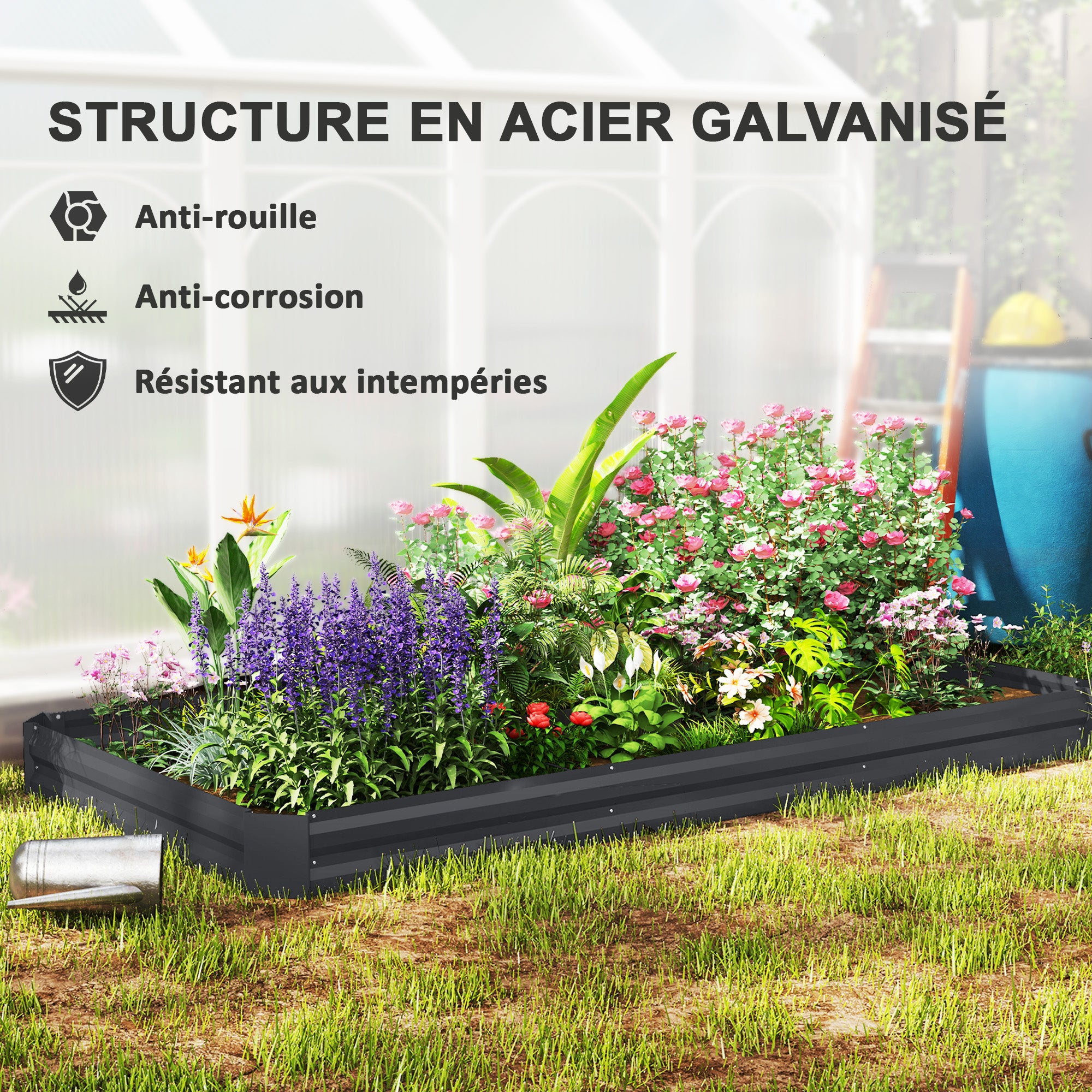 Outdoor Planter, Rectangular Garden Vegetable Raised Bed with Safety Edge and Open Bottom, for Flowers, Herbs, 240 x 120 x 30 cm, Dark Gray