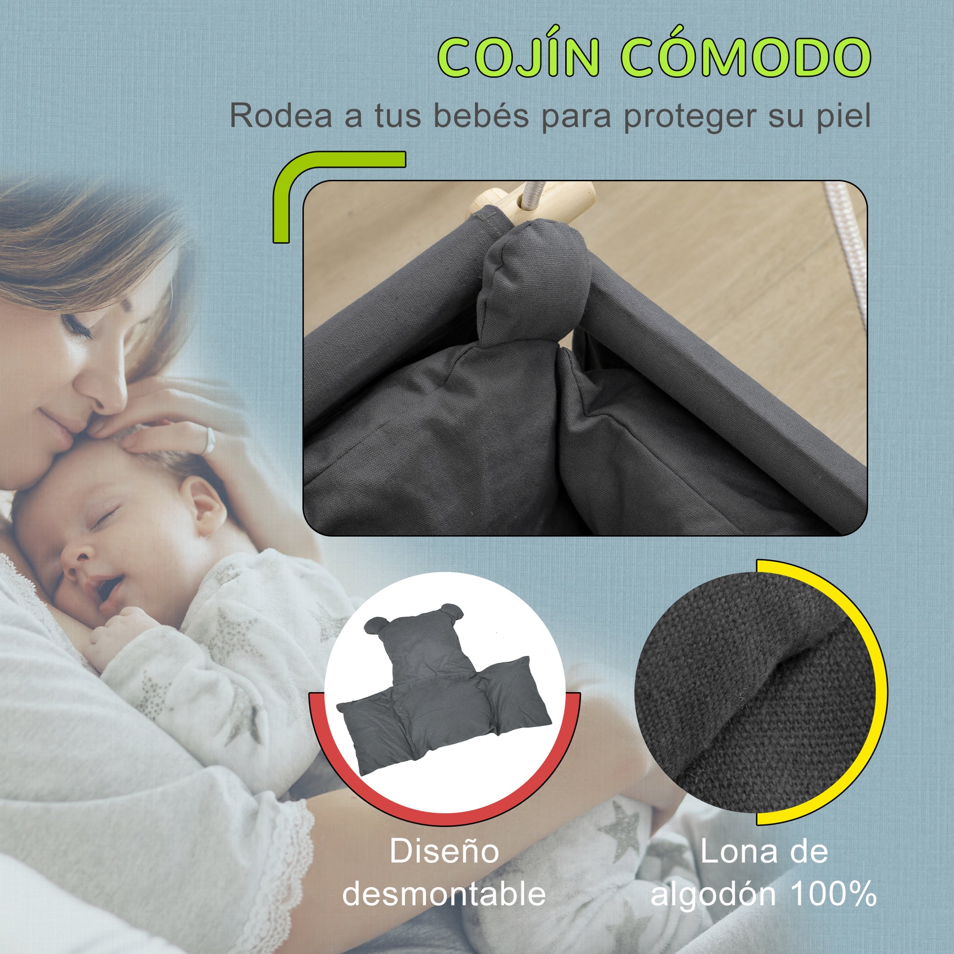 Baby Swing for 9-36 Months with Adjustable Ropes Padded Infant Swing Load 70 kg  for Indoors and Outdoors 40x40x110-180 cm Dark Gray