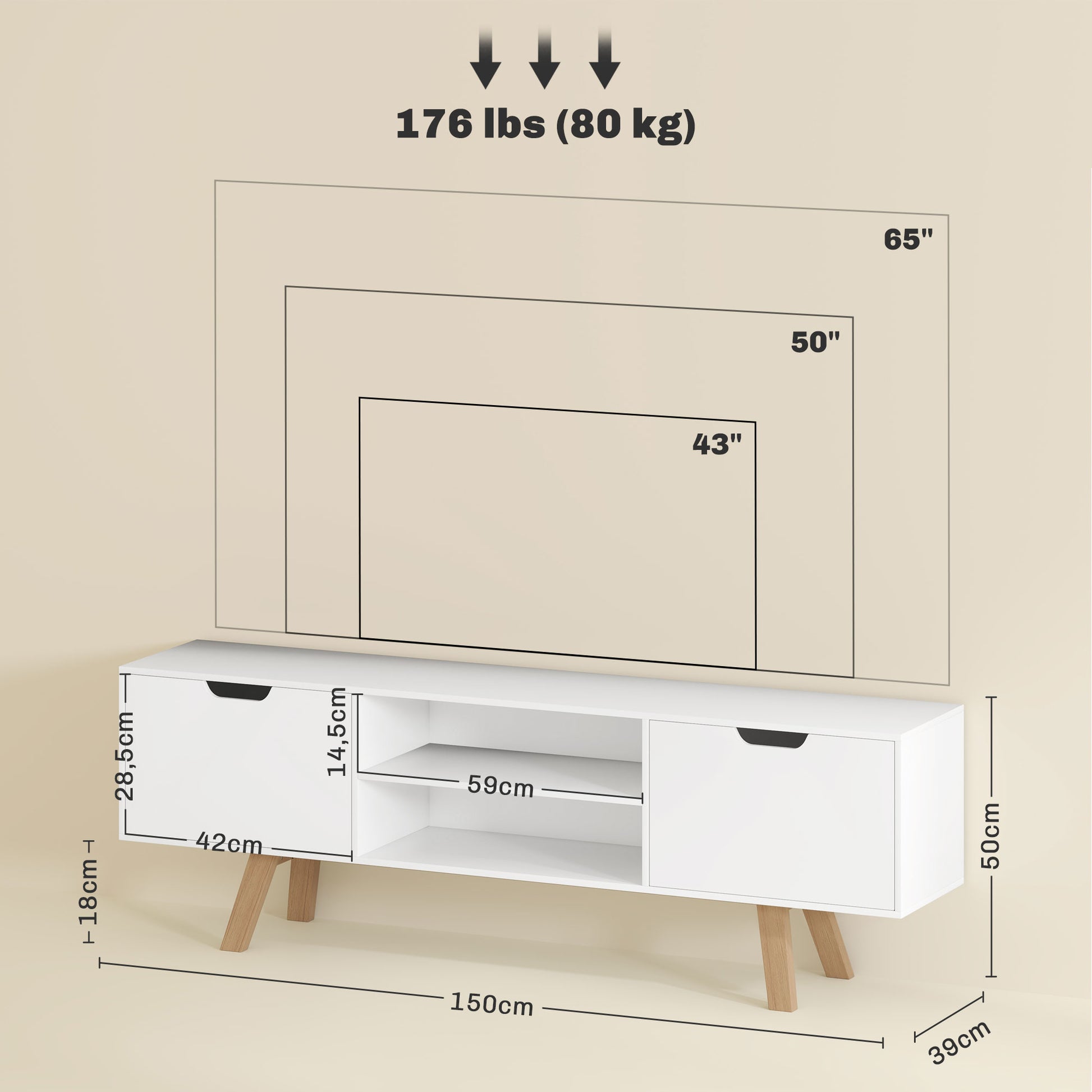 TV cabinet, TV stand for TVs up to 65 inches, lowboard with 2 cabinets and 2 shelves, TV cabinet for living room, 150 x 39 x 50 cm White