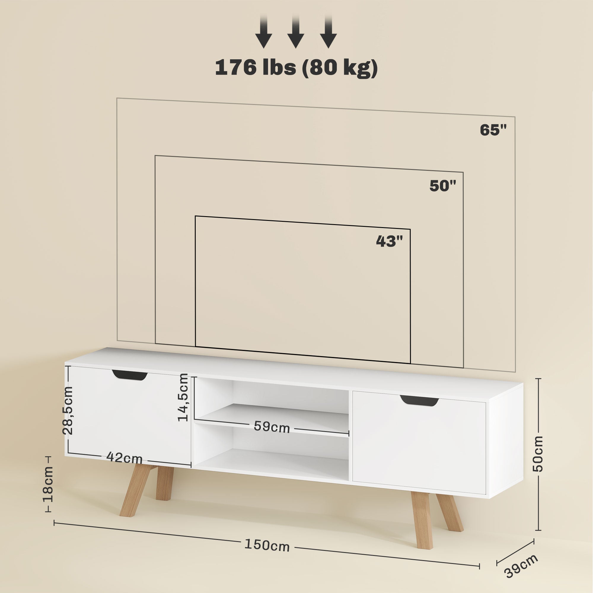 TV cabinet, TV stand for TVs up to 65 inches, lowboard with 2 cabinets and 2 shelves, TV cabinet for living room, 150 x 39 x 50 cm White