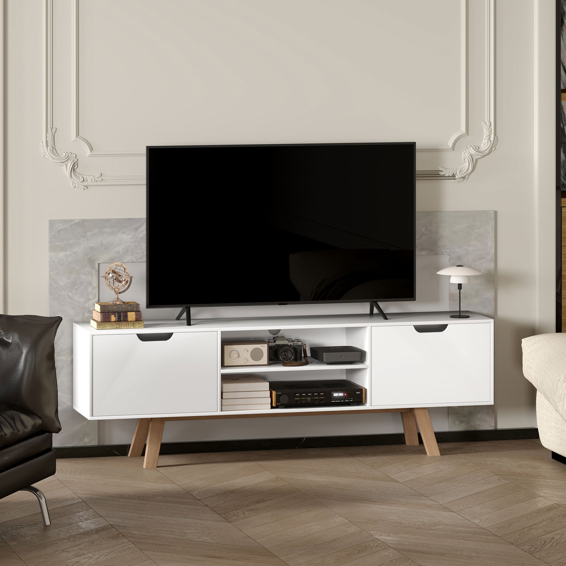TV cabinet, TV stand for TVs up to 65 inches, lowboard with 2 cabinets and 2 shelves, TV cabinet for living room, 150 x 39 x 50 cm White