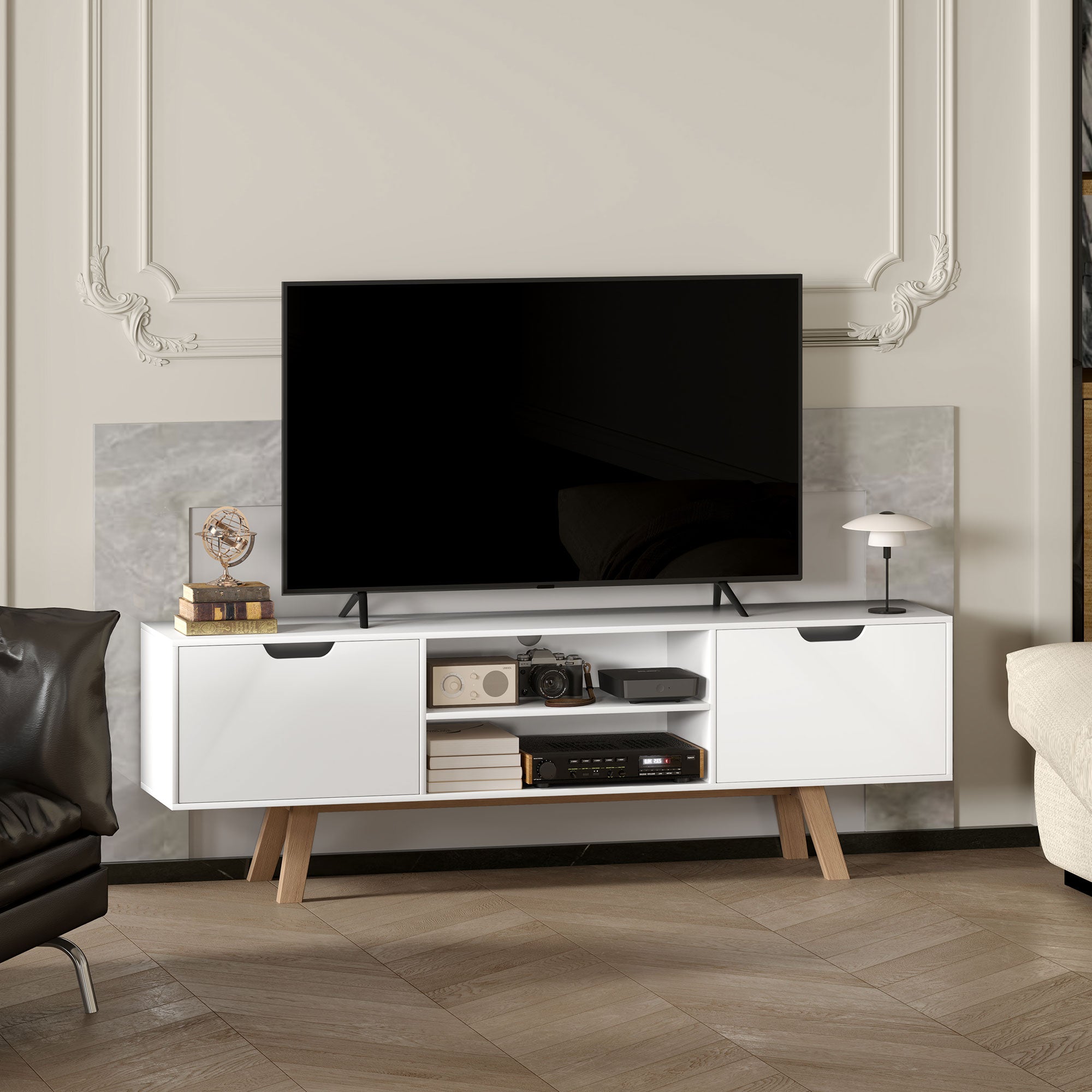 TV cabinet, TV stand for TVs up to 65 inches, lowboard with 2 cabinets and 2 shelves, TV cabinet for living room, 150 x 39 x 50 cm White