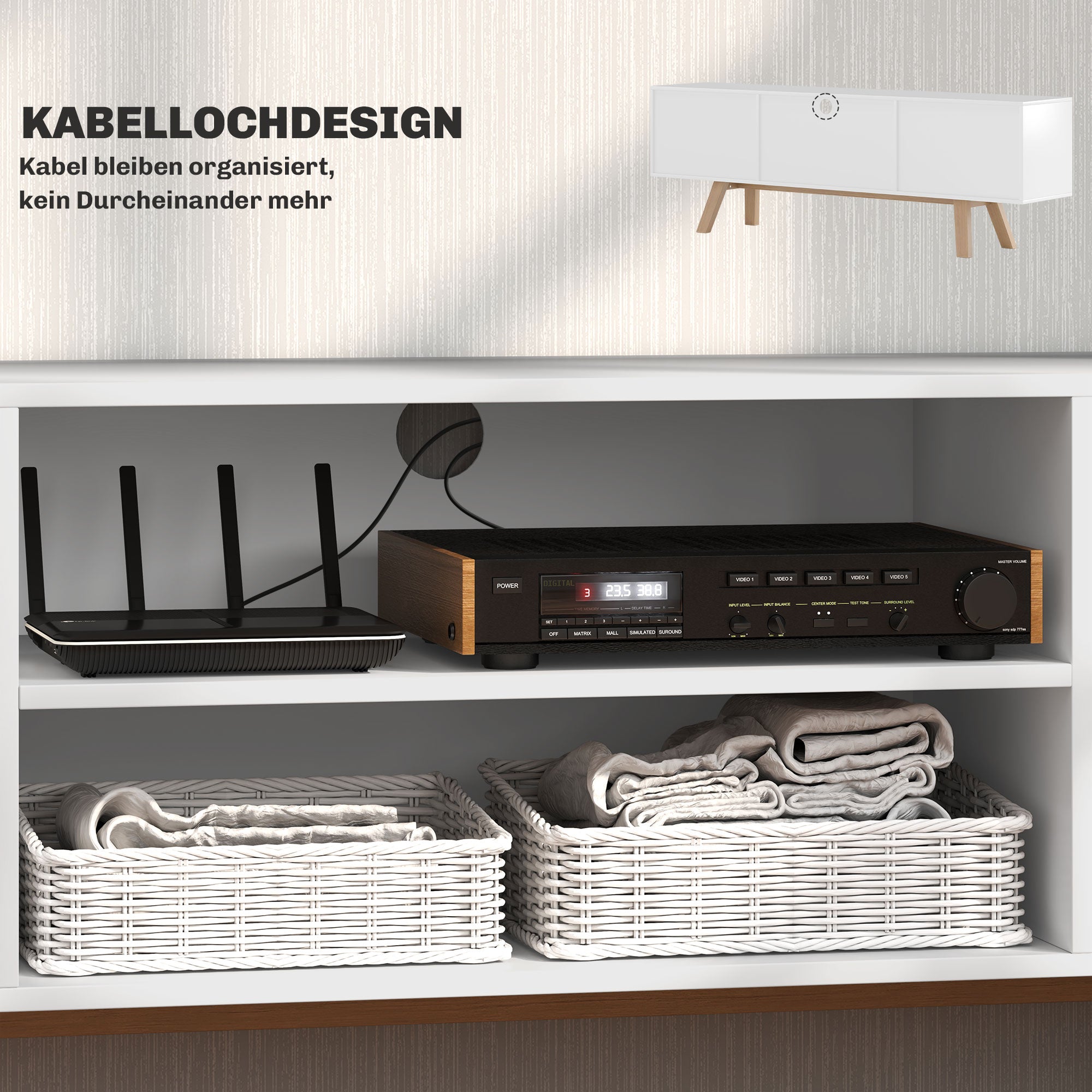 TV cabinet, TV stand for TVs up to 65 inches, lowboard with 2 cabinets and 2 shelves, TV cabinet for living room, 150 x 39 x 50 cm White