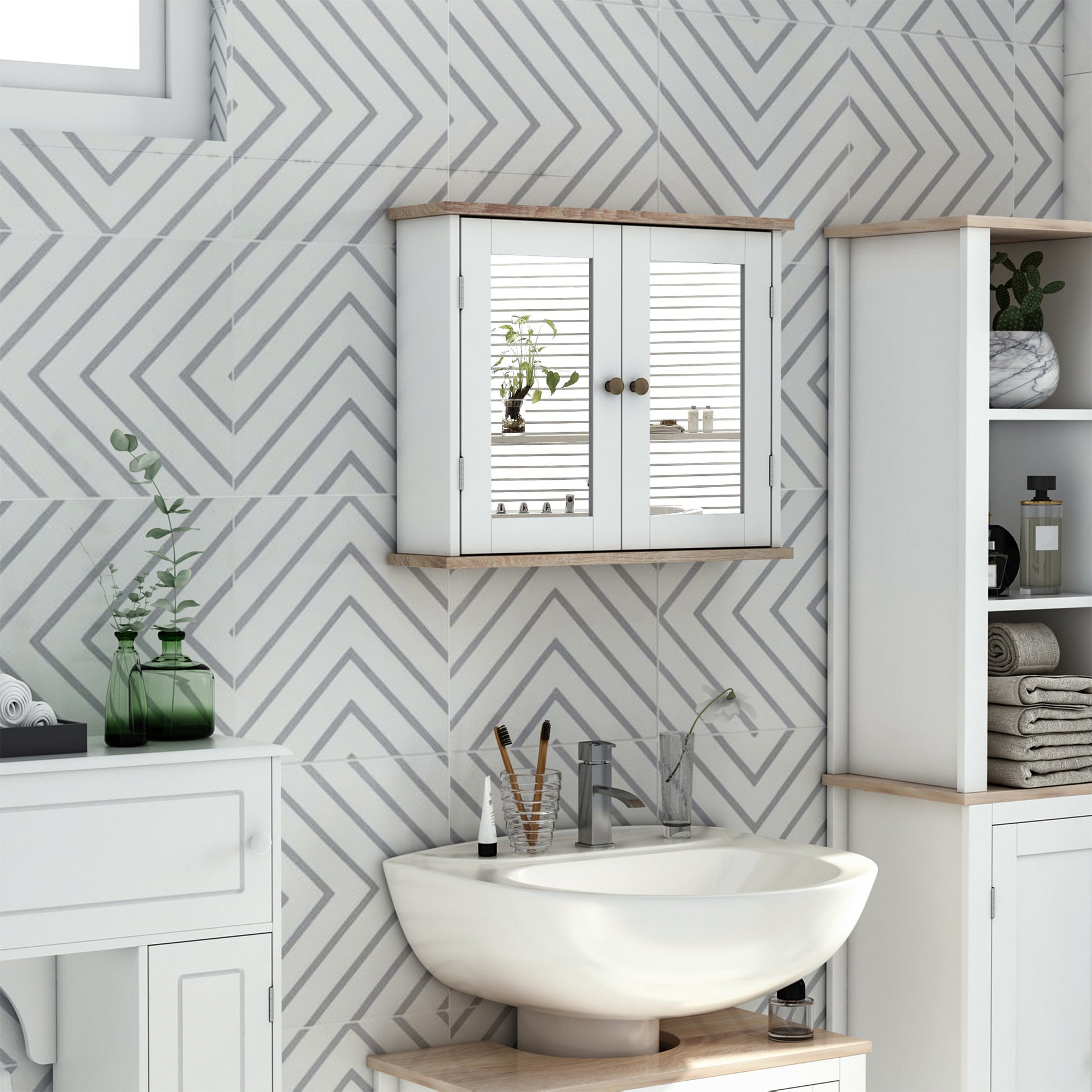 Wall Mounted Bathroom Cabinet with Mirror 2 Levels with 1 Adjustable Shelf and 2 Wooden Doors - dim. 56W x 14D x 46H cm