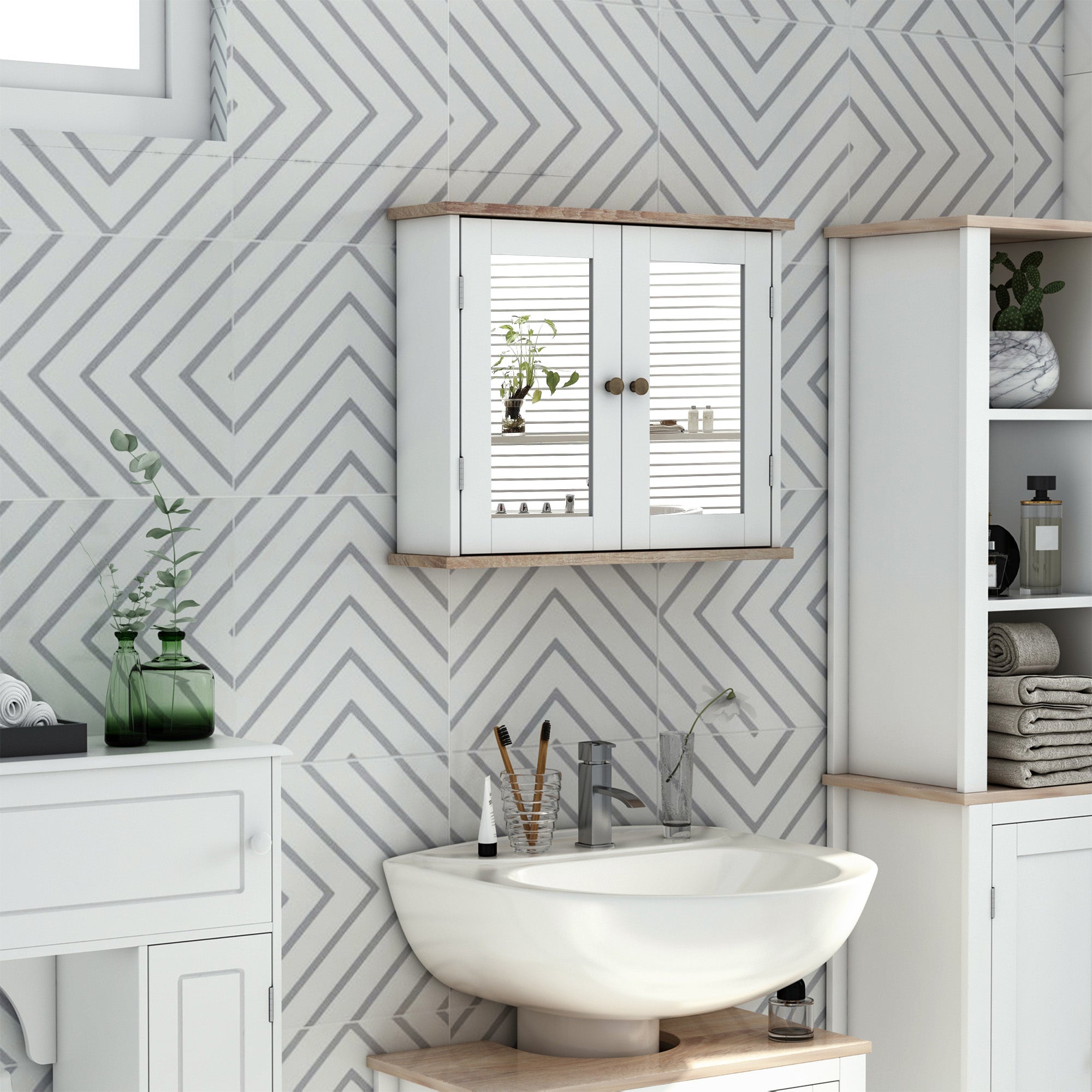Wall Mounted Bathroom Cabinet with Mirror 2 Levels with 1 Adjustable Shelf and 2 Wooden Doors - dim. 56W x 14D x 46H cm