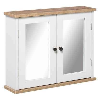 Wall Mounted Bathroom Cabinet with Mirror 2 Levels with 1 Adjustable Shelf and 2 Wooden Doors - dim. 56W x 14D x 46H cm