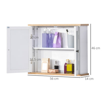 Wall Mounted Bathroom Cabinet with Mirror 2 Levels with 1 Adjustable Shelf and 2 Wooden Doors - dim. 56W x 14D x 46H cm