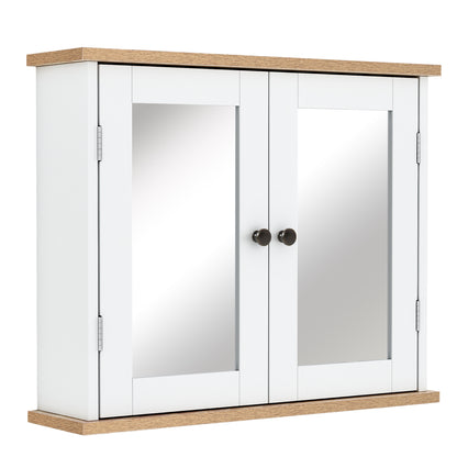 Wall Mounted Bathroom Cabinet with Mirror 2 Levels with 1 Adjustable Shelf and 2 Wooden Doors - dim. 56W x 14D x 46H cm