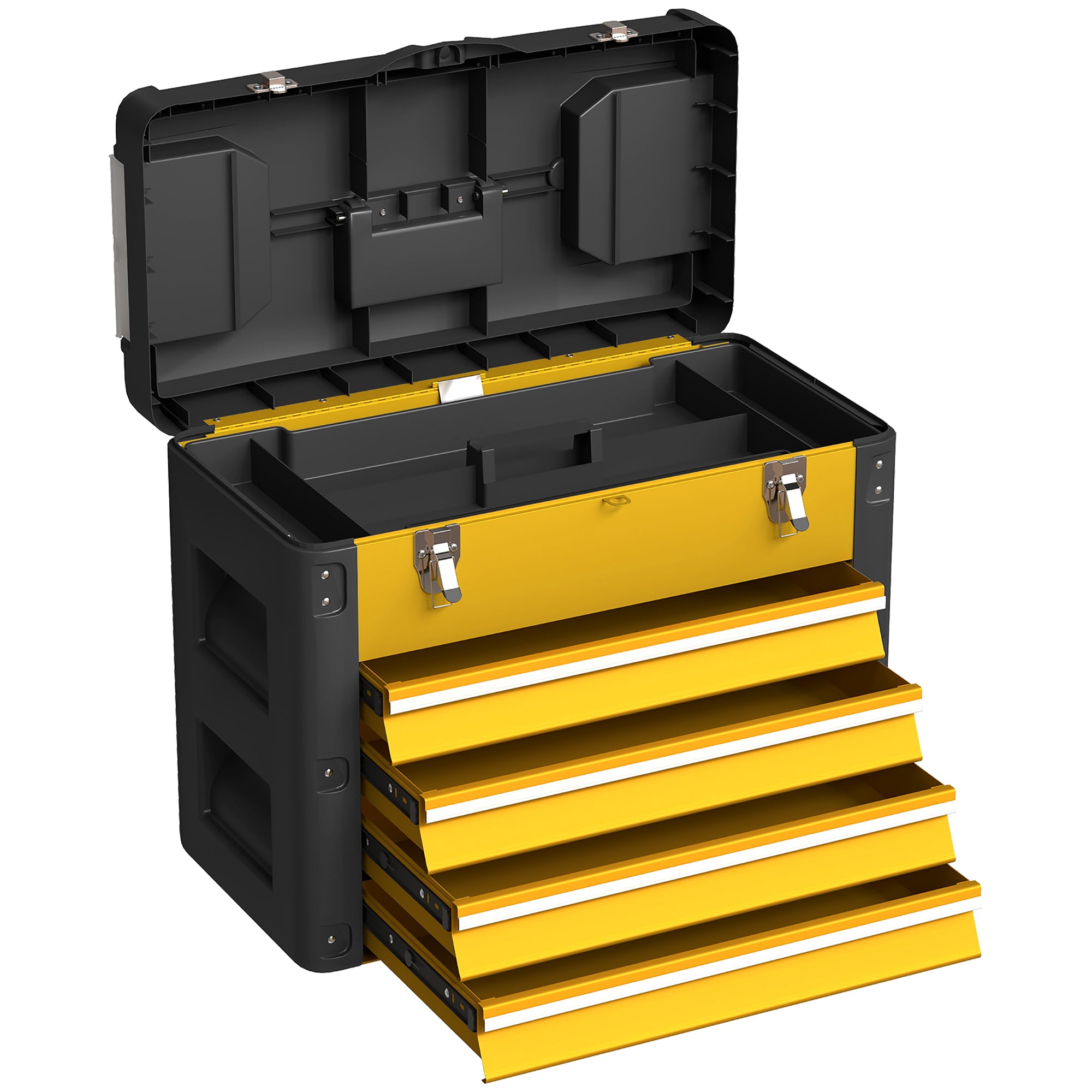 4-Drawer Tool Chest — Powder-Coated Steel Toolbox with Removable Tray, Small Parts Boxes, Ball-Bearing Slides & Carry Handle (Yellow)
