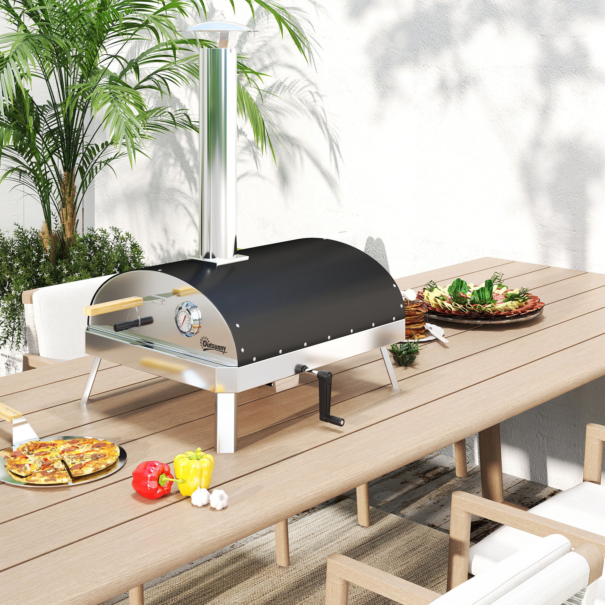 Mini Portable Outdoor Pizza Oven Wood-Fired Oven with Refractory Stone Ø33 cm Wooden Handles Thermometer and Rotating Tray for Garden Terrace Camping Patio