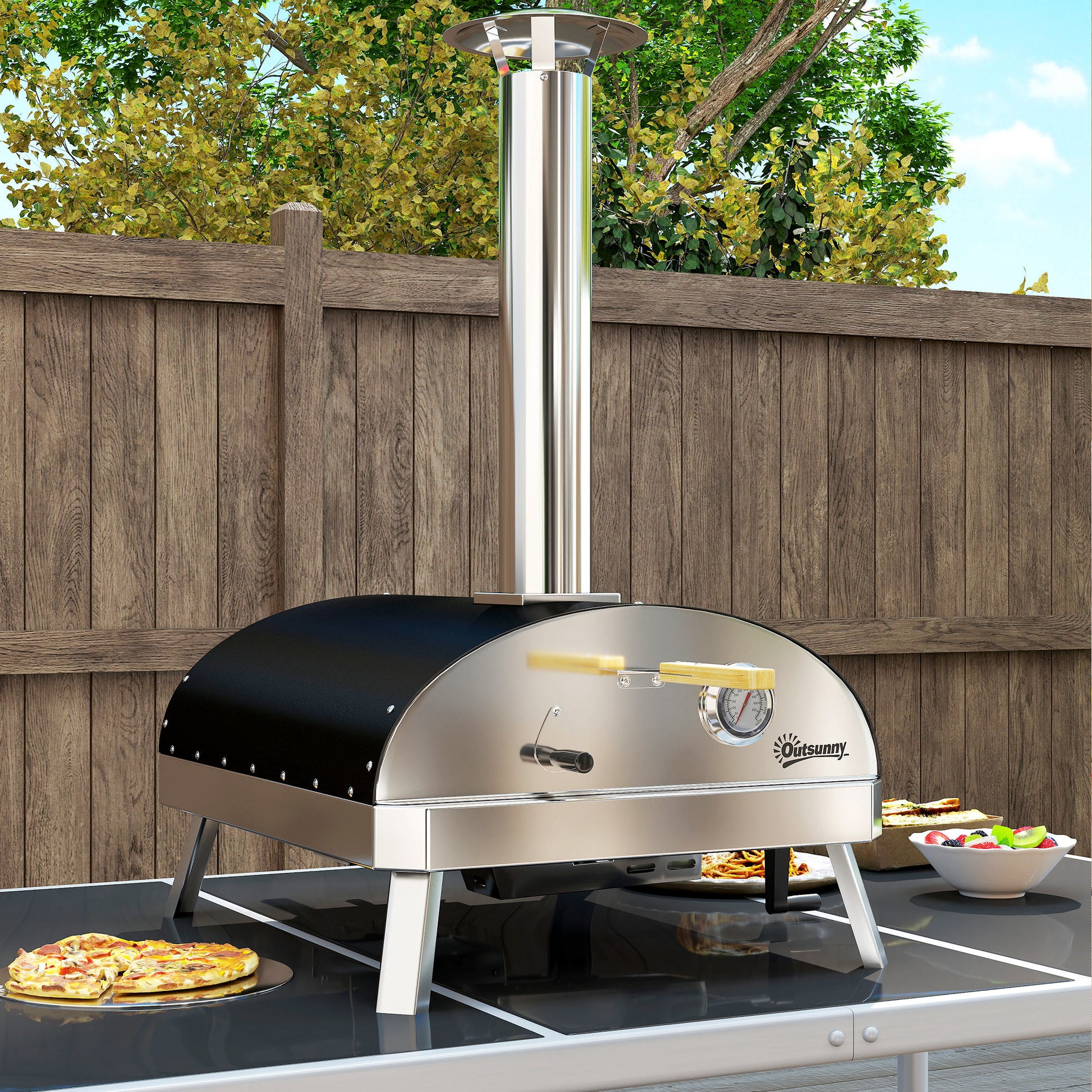 Mini Portable Outdoor Pizza Oven Wood-Fired Oven with Refractory Stone Ø33 cm Wooden Handles Thermometer and Rotating Tray for Garden Terrace Camping Patio