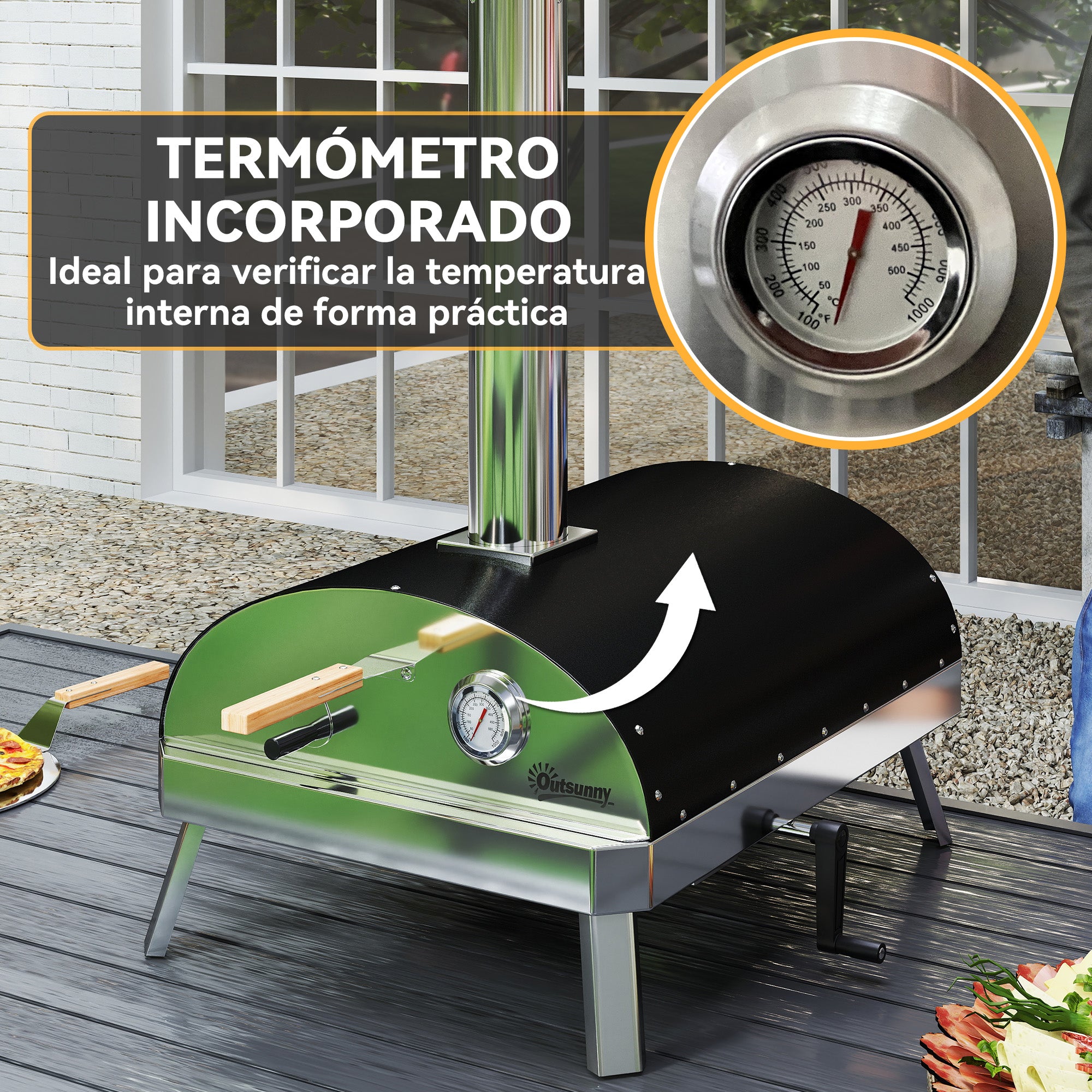 Mini Portable Outdoor Pizza Oven Wood-Fired Oven with Refractory Stone Ø33 cm Wooden Handles Thermometer and Rotating Tray for Garden Terrace Camping Patio