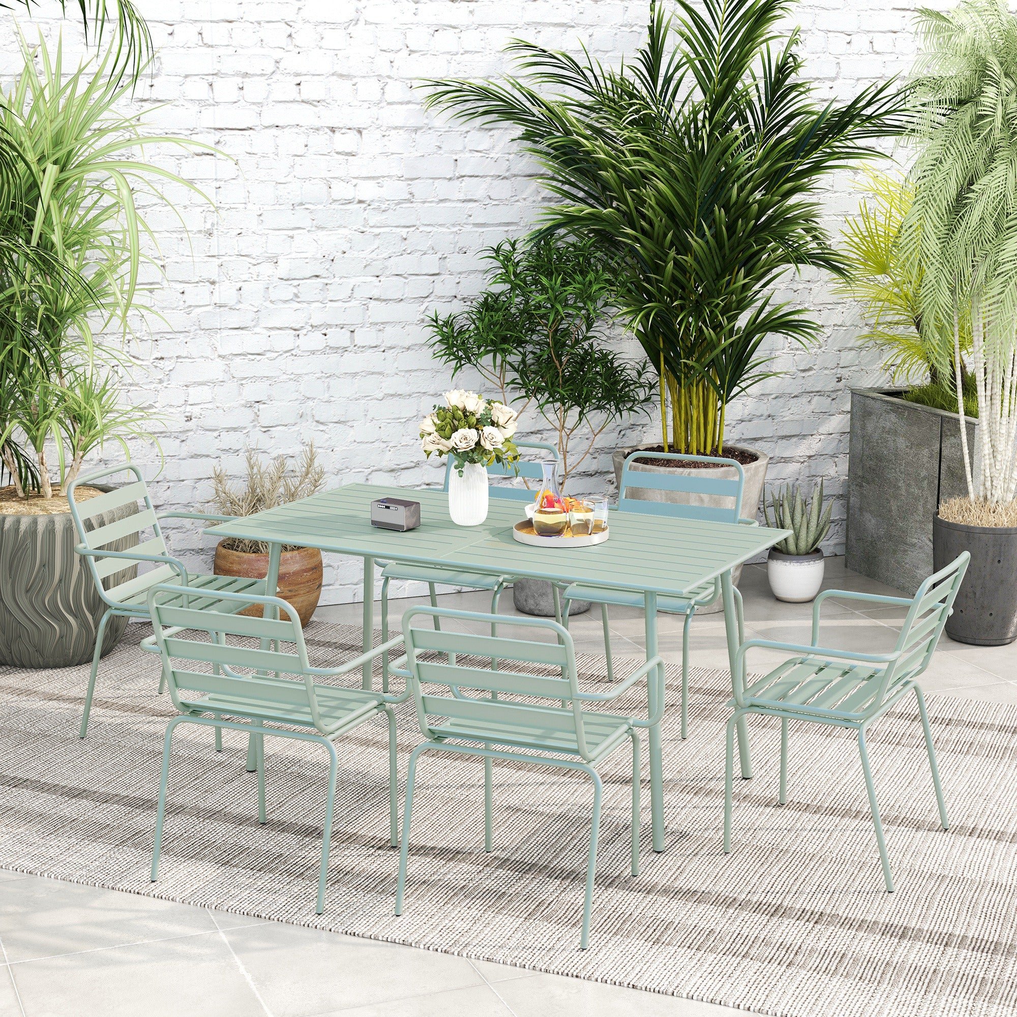 Outdoor Garden Dining Set 7-Piece with 1 Table and 6 Stackable Steel Chairs in Light Green