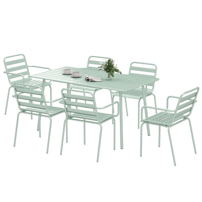 Outdoor Garden Dining Set 7-Piece with 1 Table and 6 Stackable Steel Chairs in Light Green