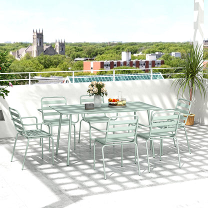 Outdoor Garden Dining Set 7-Piece with 1 Table and 6 Stackable Steel Chairs in Light Green