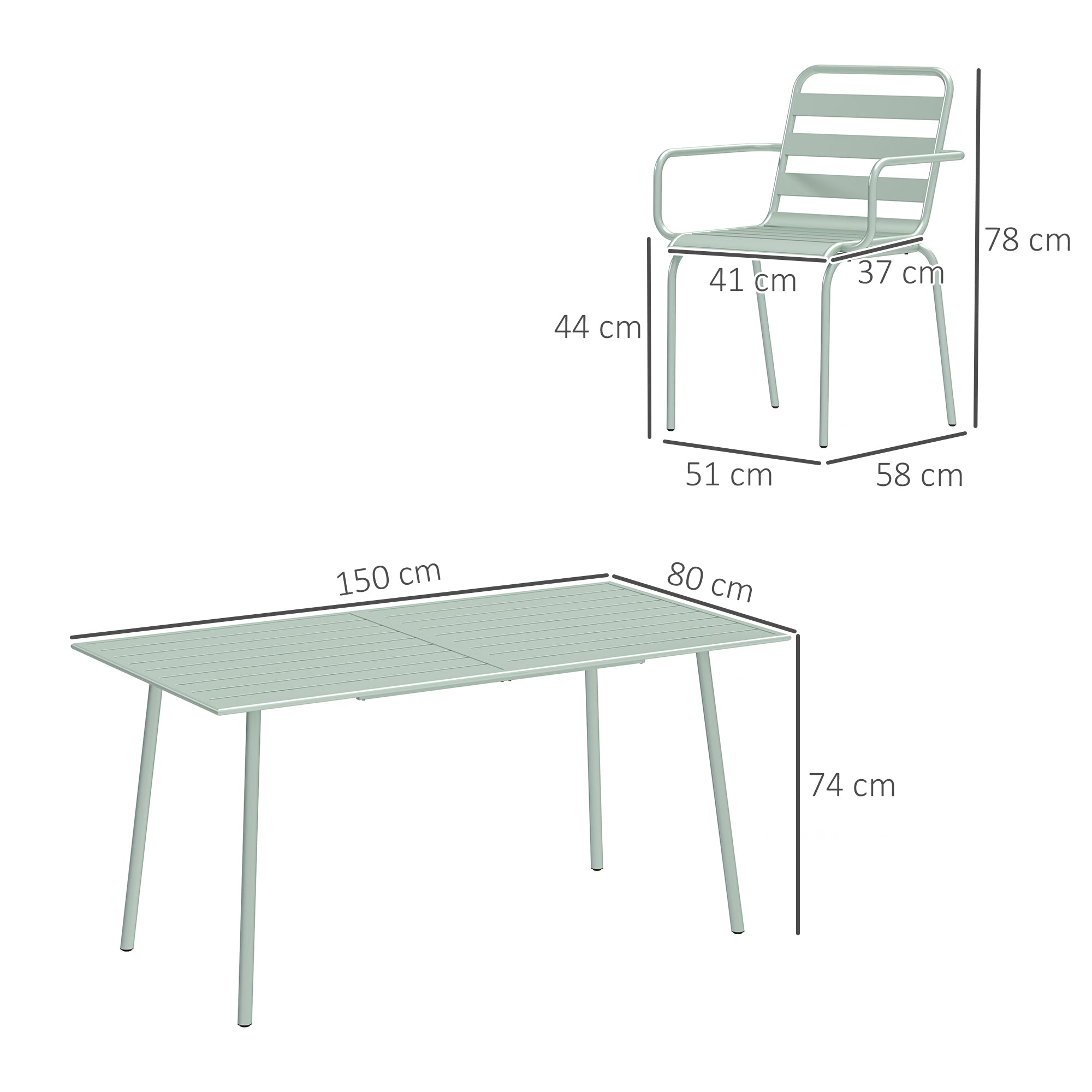 Outdoor Garden Dining Set 7-Piece with 1 Table and 6 Stackable Steel Chairs in Light Green