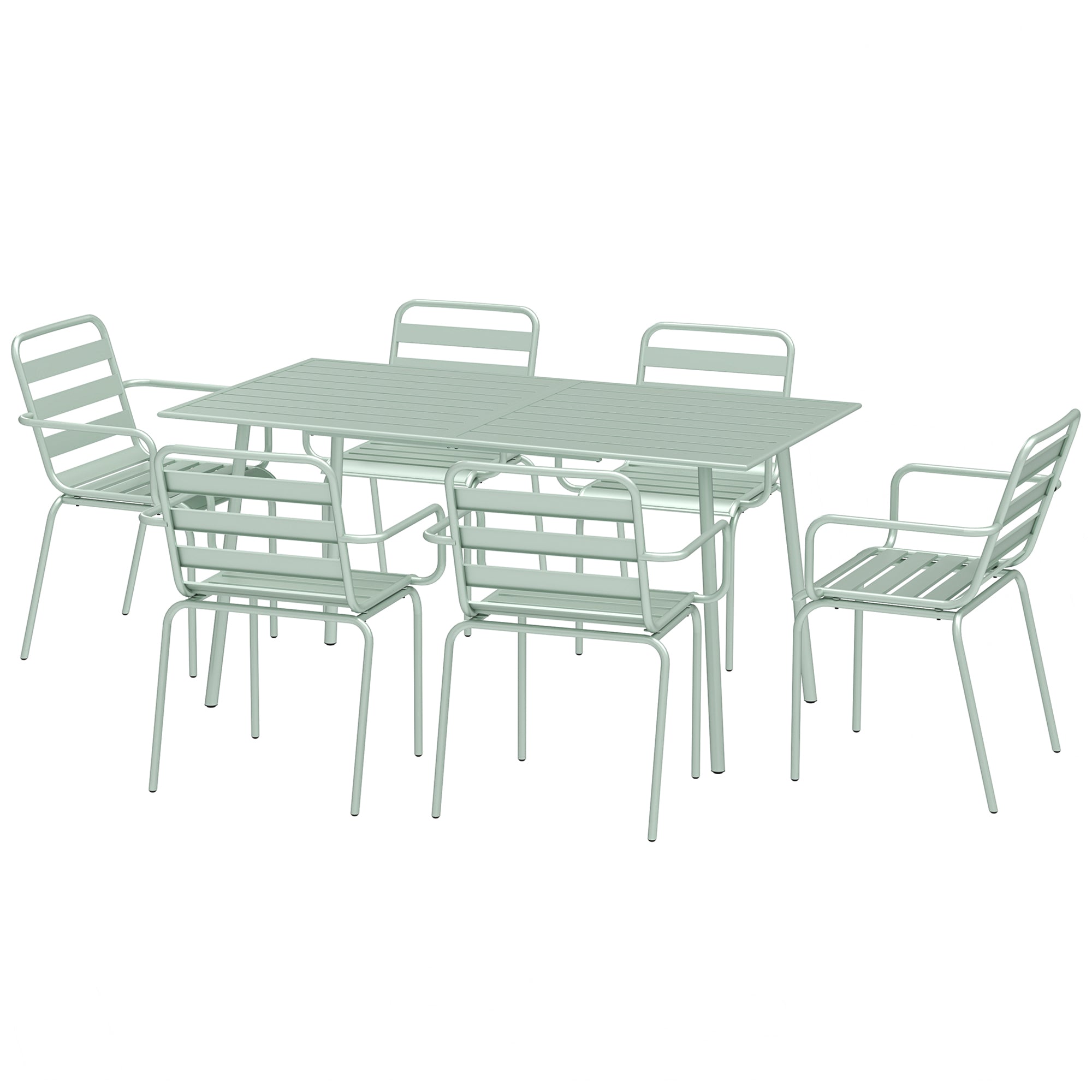 Outdoor Garden Dining Set 7-Piece with 1 Table and 6 Stackable Steel Chairs in Light Green