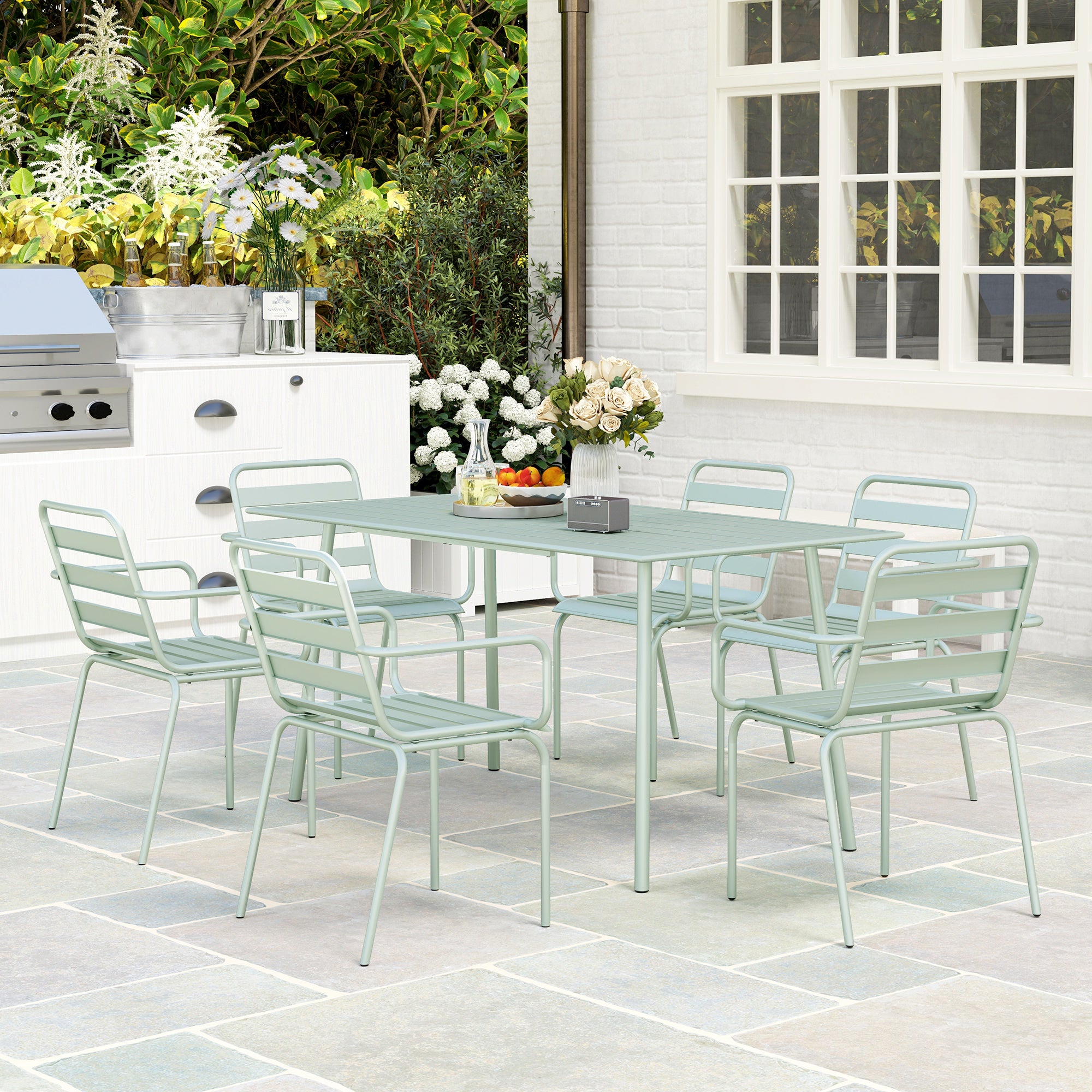 Outdoor Garden Dining Set 7-Piece with 1 Table and 6 Stackable Steel Chairs in Light Green