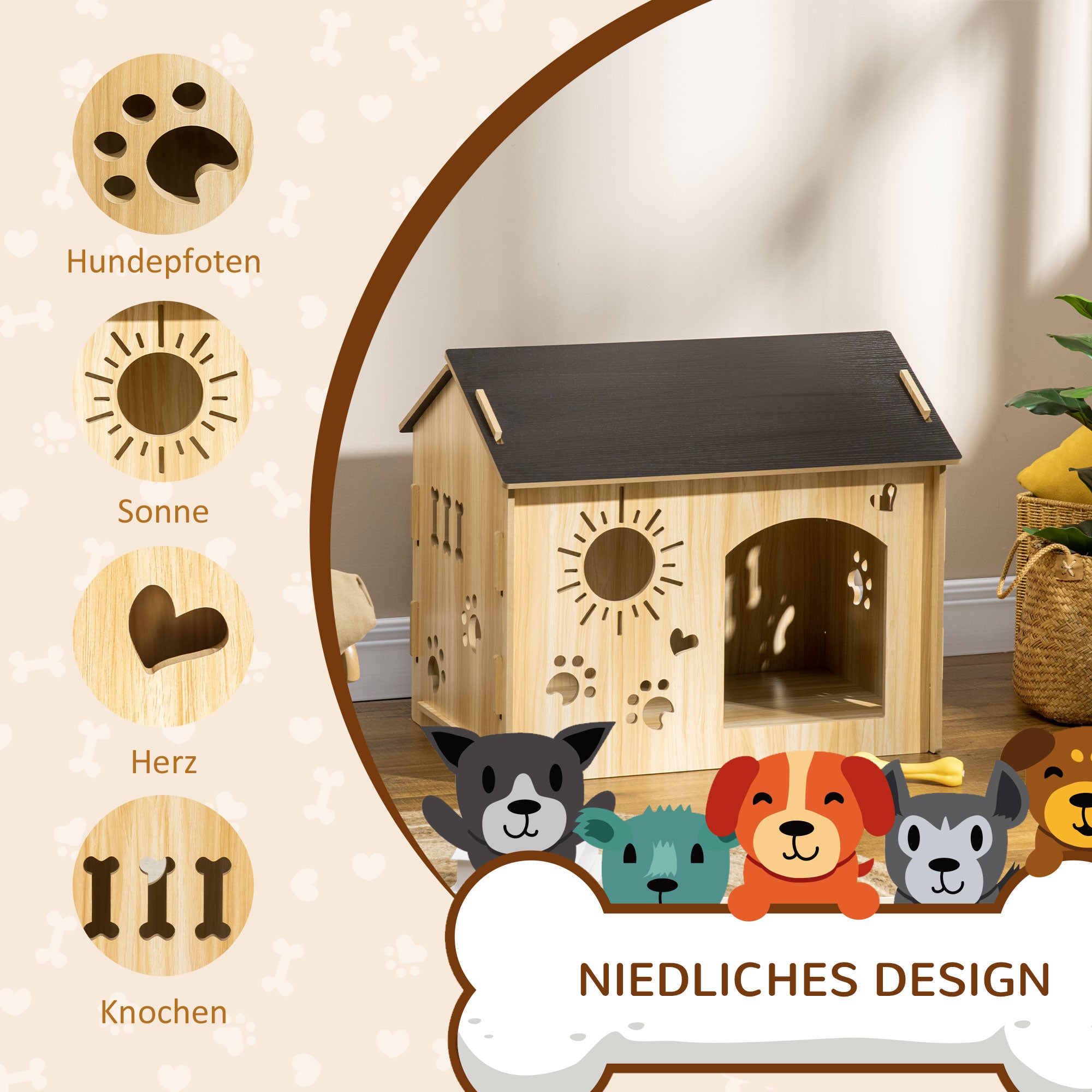Wooden Dog House Small Animal House with Ventilation Openings Dog Kennel with Roof Dog Cave Indoor MDF Oak+Black 69 x 50 x 58.5 cm