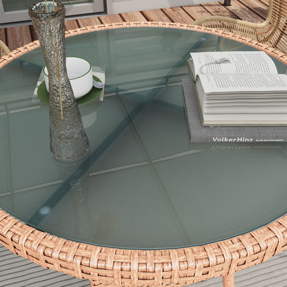 Round Rattan Table Ø80x75 cm Garden Table with Glass Shelf and Steel Frame Load 50 kg for Terrace Patio Natural