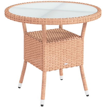 Round Rattan Table Ø80x75 cm Garden Table with Glass Shelf and Steel Frame Load 50 kg for Terrace Patio Natural