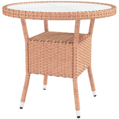 Round Rattan Table Ø80x75 cm Garden Table with Glass Shelf and Steel Frame Load 50 kg for Terrace Patio Natural