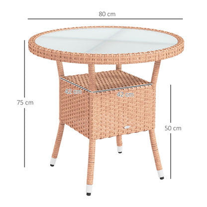 Round Rattan Table Ø80x75 cm Garden Table with Glass Shelf and Steel Frame Load 50 kg for Terrace Patio Natural
