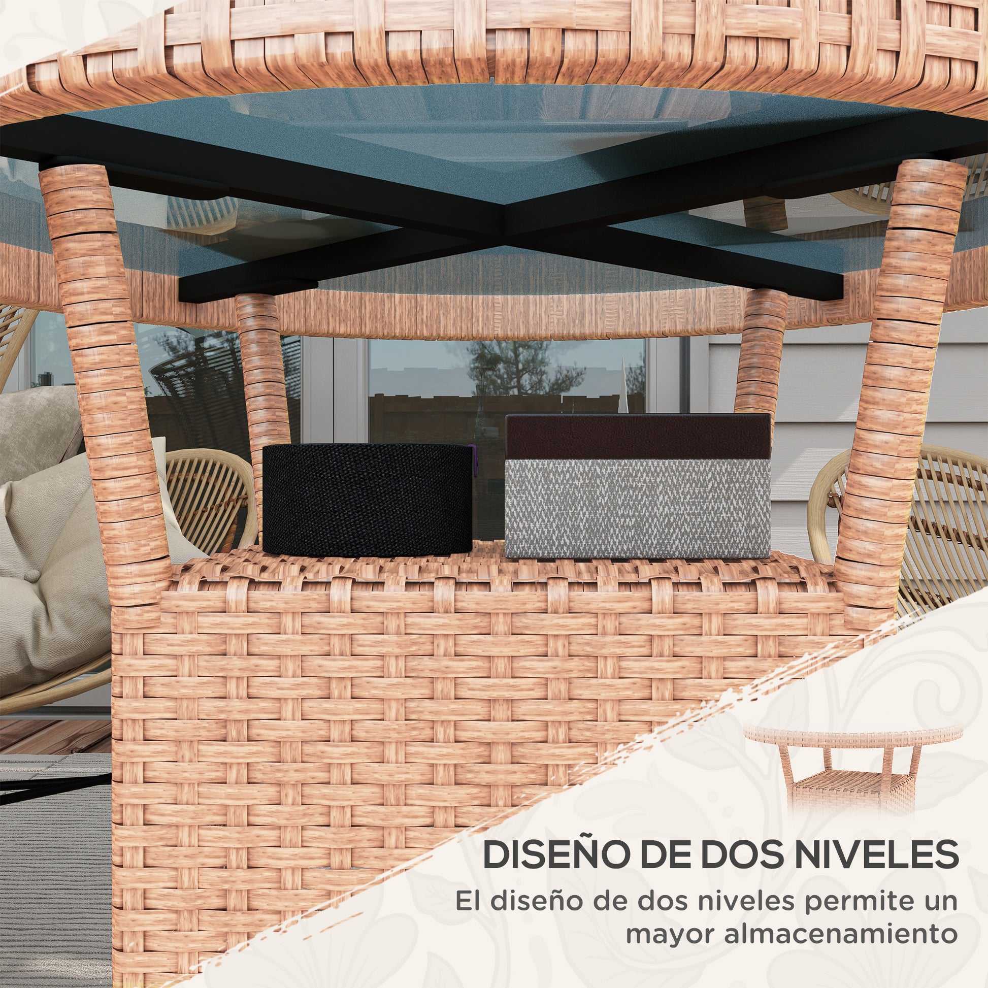 Round Rattan Table Ø80x75 cm Garden Table with Glass Shelf and Steel Frame Load 50 kg for Terrace Patio Natural