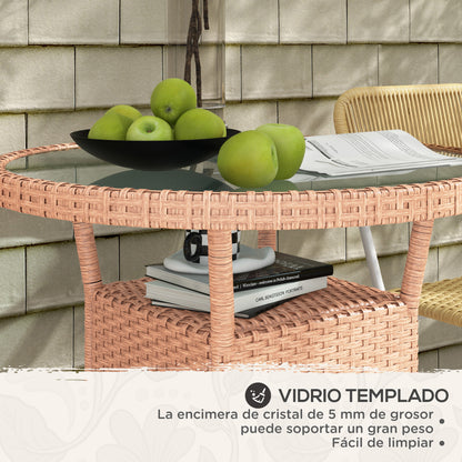 Round Rattan Table Ø80x75 cm Garden Table with Glass Shelf and Steel Frame Load 50 kg for Terrace Patio Natural