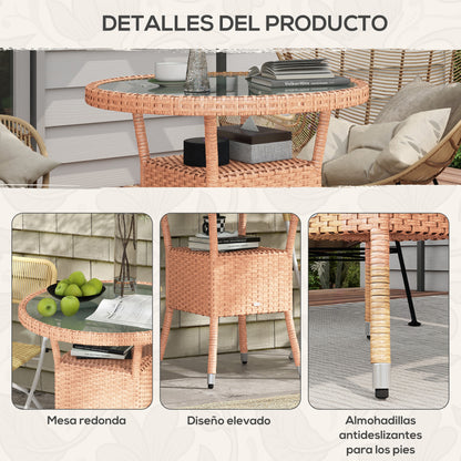 Round Rattan Table Ø80x75 cm Garden Table with Glass Shelf and Steel Frame Load 50 kg for Terrace Patio Natural