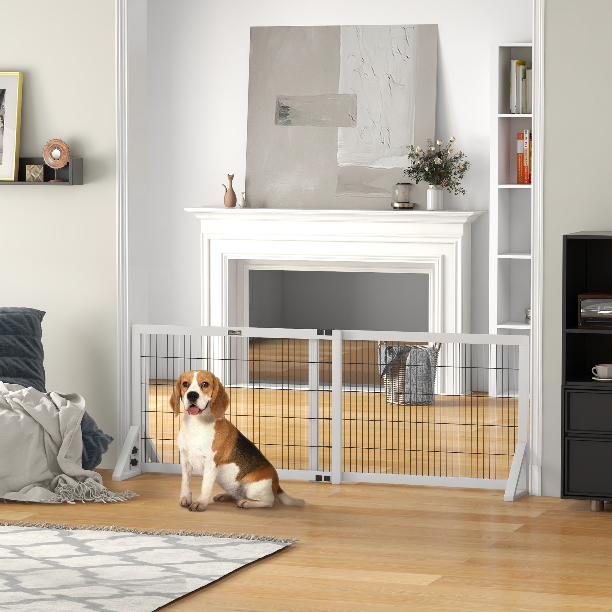 Dog Safety Barrier, 2-panel adjustable width protective barrier 101-181L x 44W x 67H cm, for stairs, doorways, hallways, in pine wood and steel, white