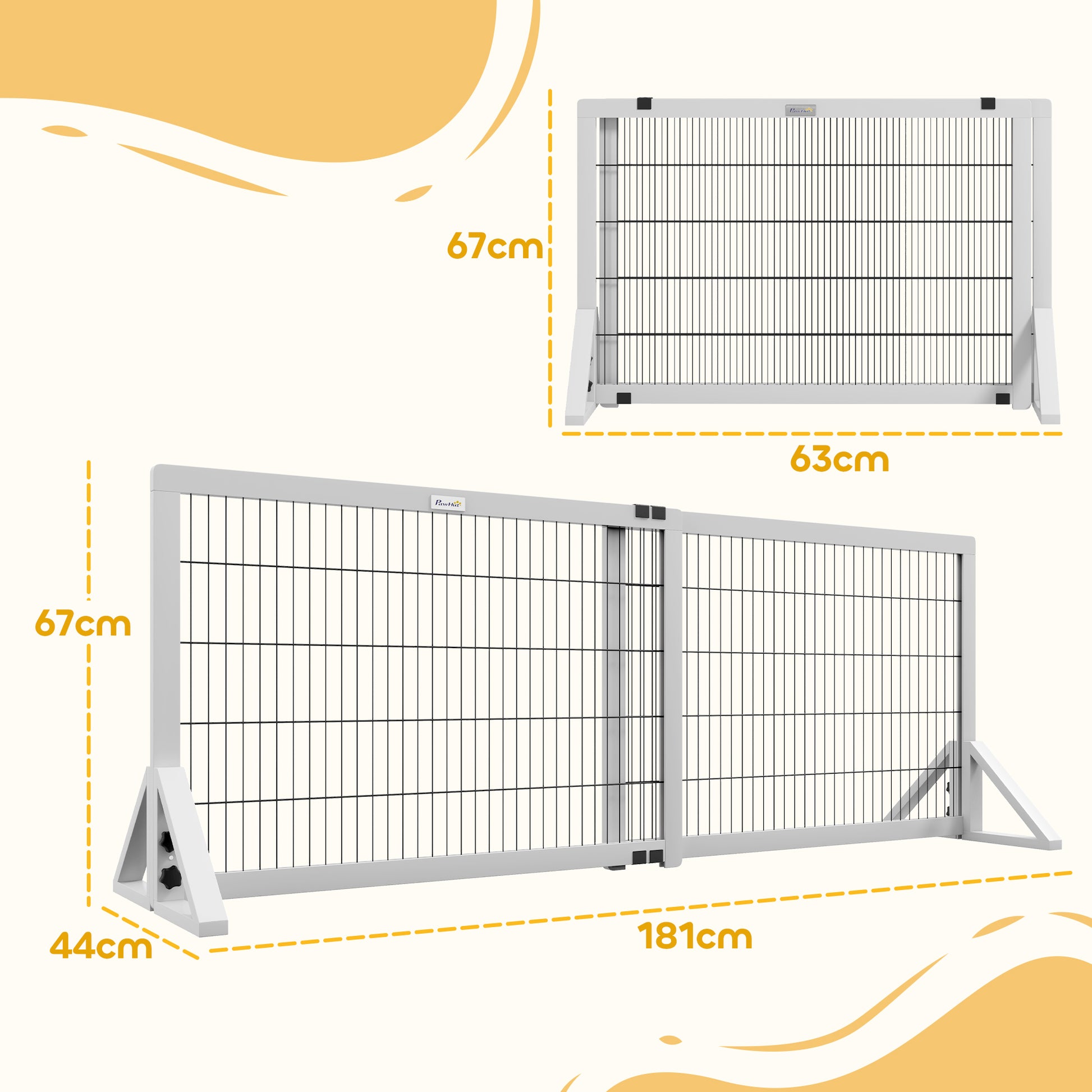 Dog Safety Barrier, 2-panel adjustable width protective barrier 101-181L x 44W x 67H cm, for stairs, doorways, hallways, in pine wood and steel, white