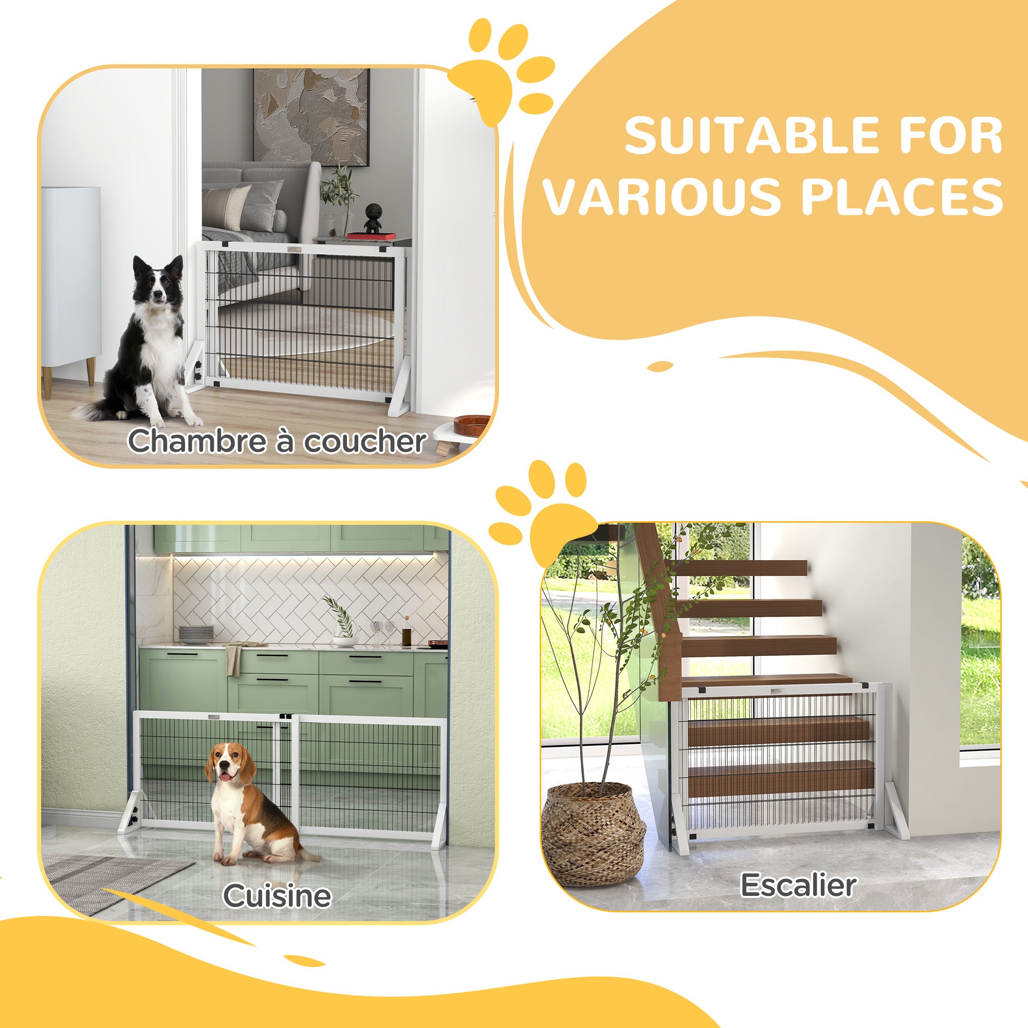 Dog Safety Barrier, 2-panel adjustable width protective barrier 101-181L x 44W x 67H cm, for stairs, doorways, hallways, in pine wood and steel, white