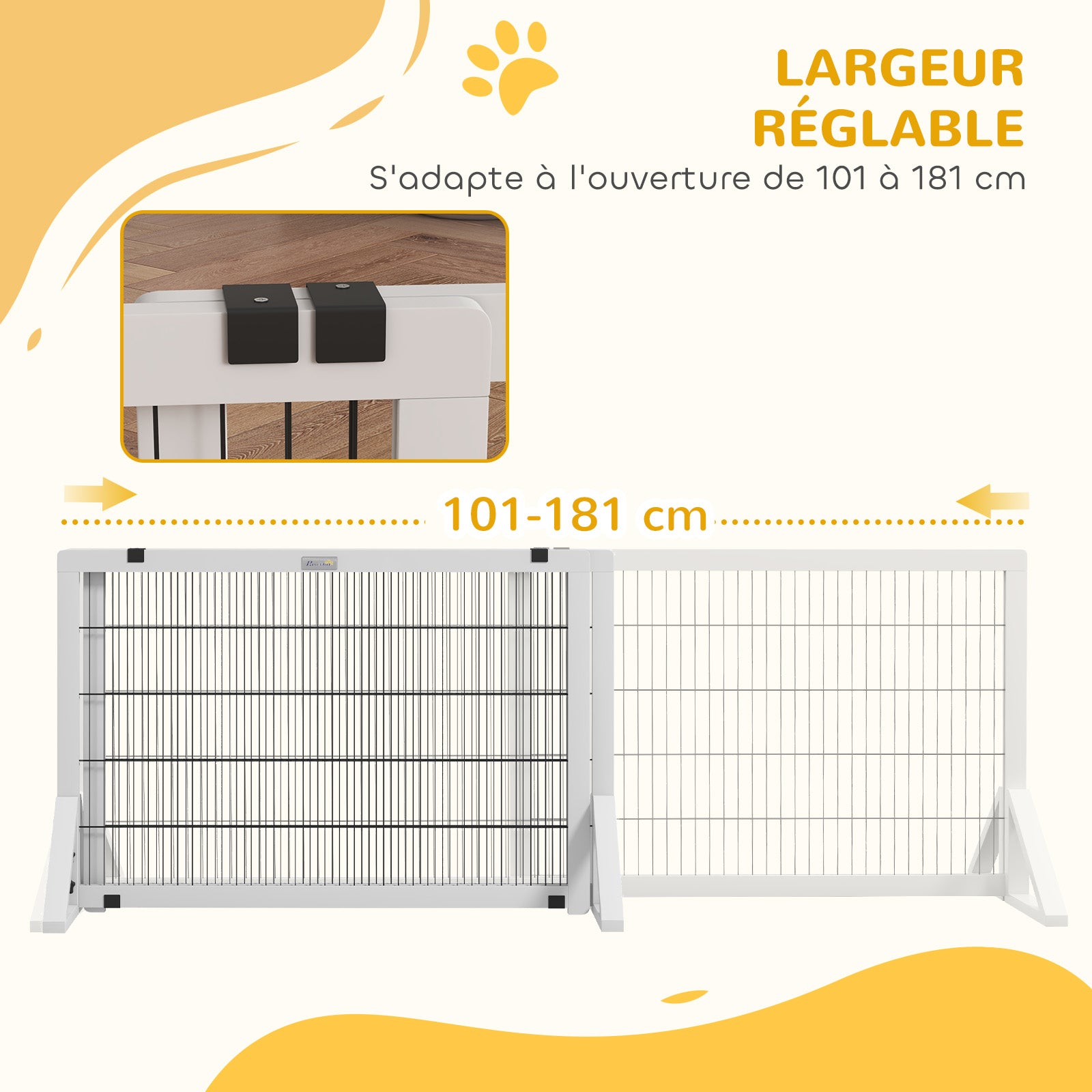 Dog Safety Barrier, 2-panel adjustable width protective barrier 101-181L x 44W x 67H cm, for stairs, doorways, hallways, in pine wood and steel, white