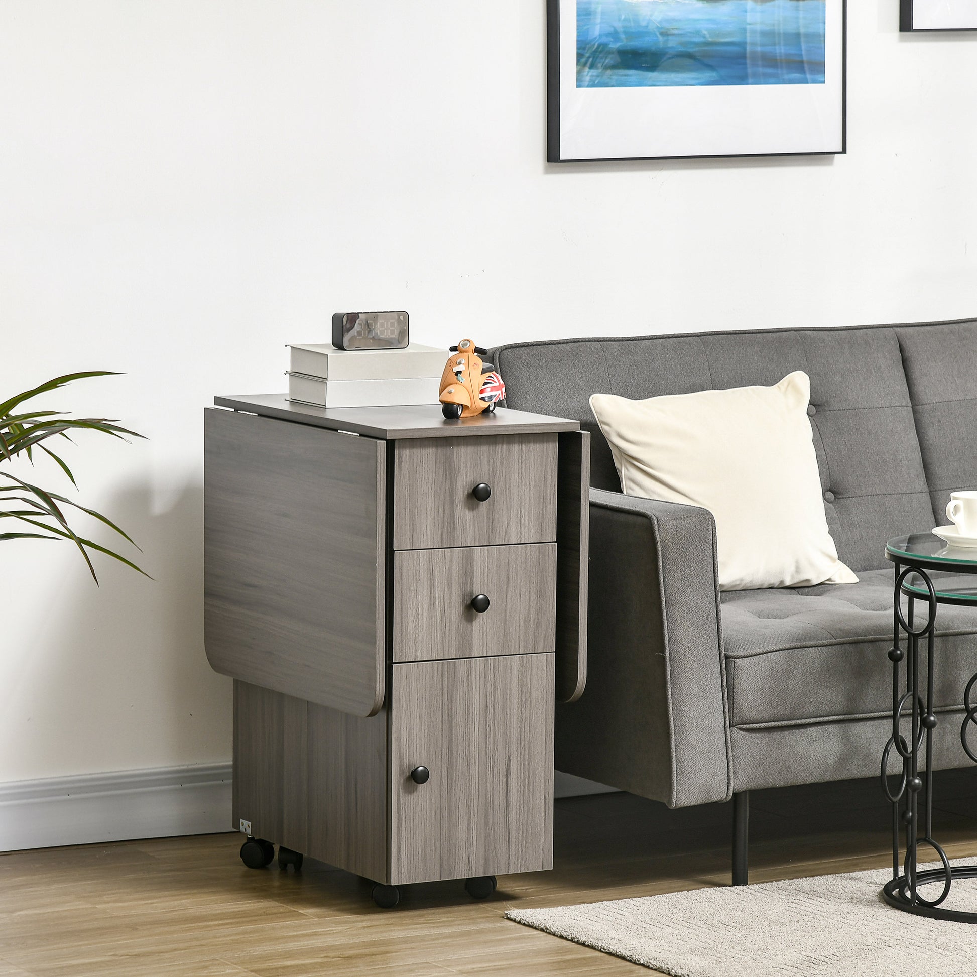 Folding Kitchen Table Folding Dining Table with 2 Folding Trays with 2 Drawers 1 Cabinet and 1 Storage Shelf 120 x 60 x 76.5 cm - Dark Grey
