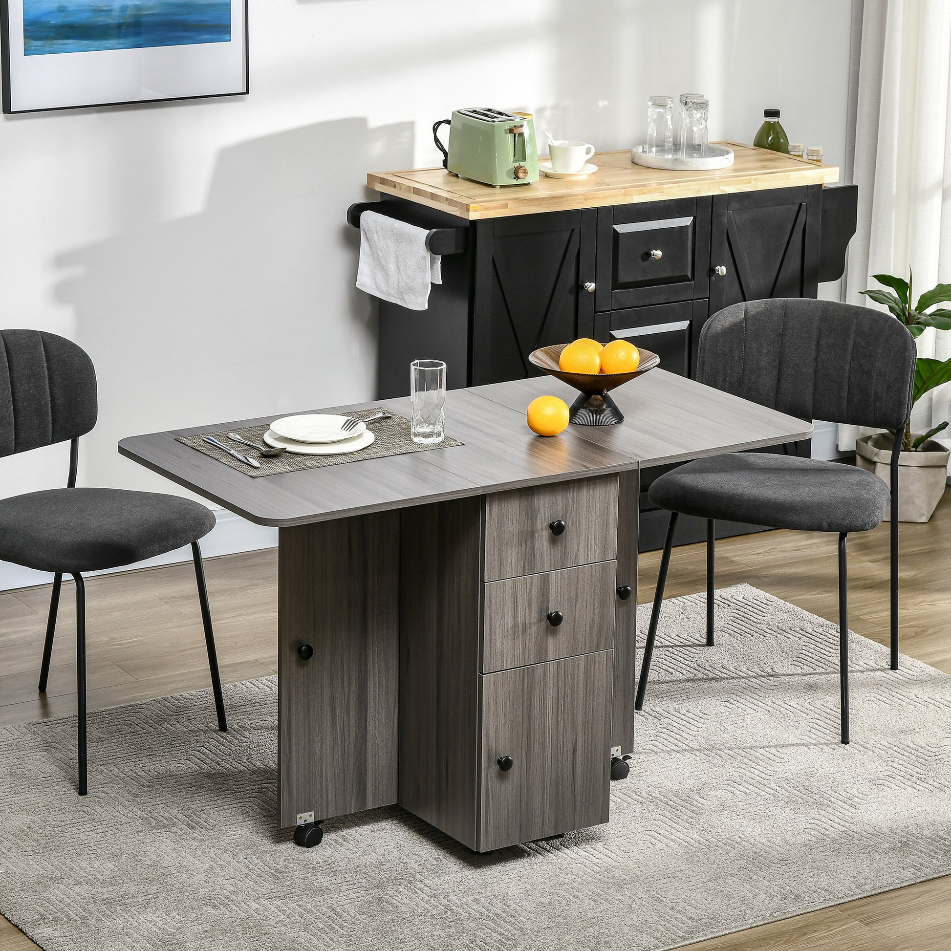 Folding Kitchen Table Folding Dining Table with 2 Folding Trays with 2 Drawers 1 Cabinet and 1 Storage Shelf 120 x 60 x 76.5 cm - Dark Grey