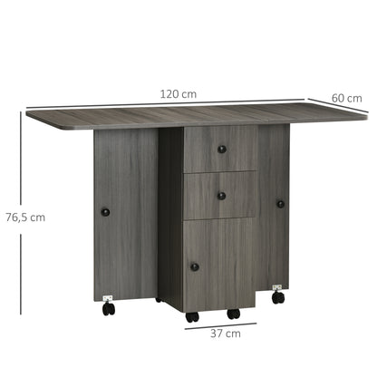 Folding Kitchen Table Folding Dining Table with 2 Folding Trays with 2 Drawers 1 Cabinet and 1 Storage Shelf 120 x 60 x 76.5 cm - Dark Grey