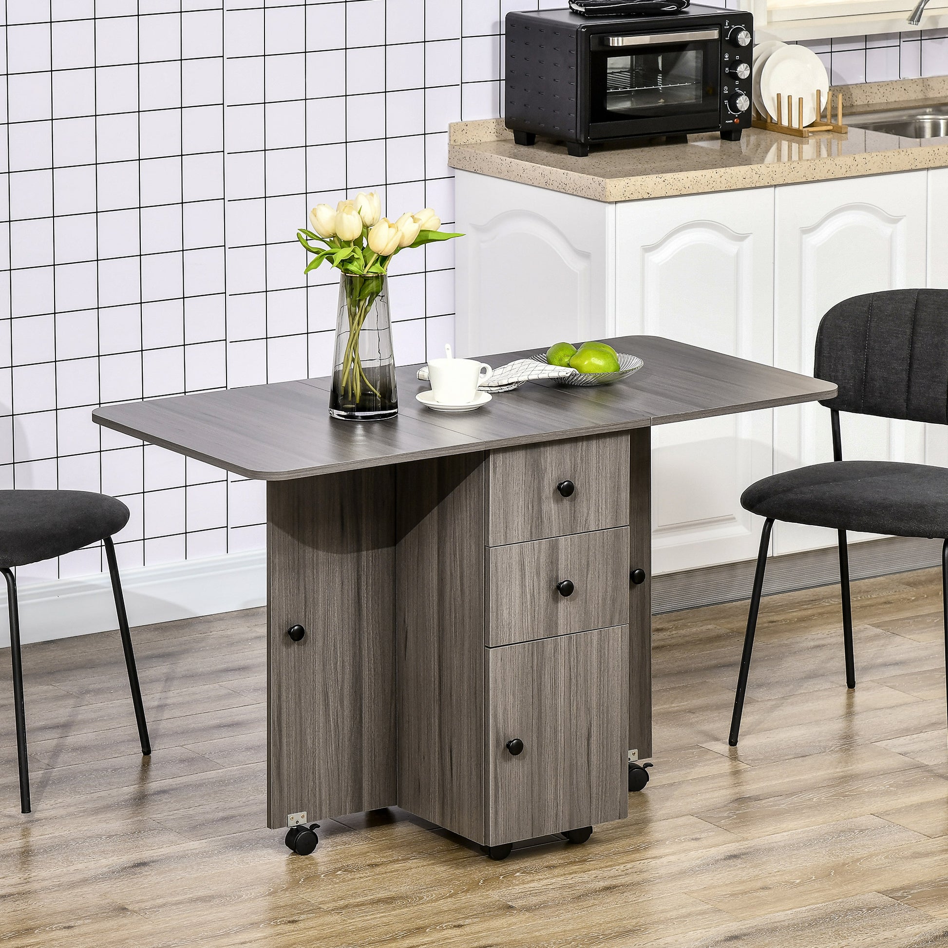 Folding Kitchen Table Folding Dining Table with 2 Folding Trays with 2 Drawers 1 Cabinet and 1 Storage Shelf 120 x 60 x 76.5 cm - Dark Grey