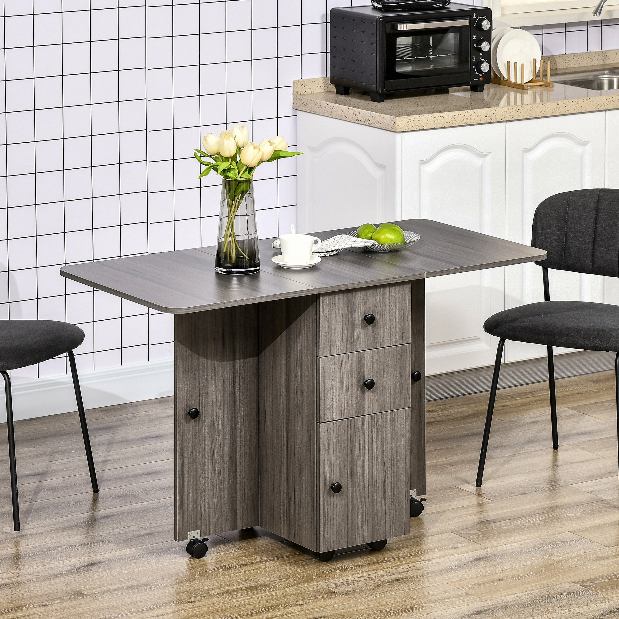 Folding Kitchen Table Folding Dining Table with 2 Folding Trays with 2 Drawers 1 Cabinet and 1 Storage Shelf 120 x 60 x 76.5 cm - Dark Grey