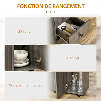 Folding Kitchen Table Folding Dining Table with 2 Folding Trays with 2 Drawers 1 Cabinet and 1 Storage Shelf 120 x 60 x 76.5 cm - Dark Grey