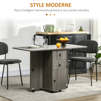 Folding Kitchen Table Folding Dining Table with 2 Folding Trays with 2 Drawers 1 Cabinet and 1 Storage Shelf 120 x 60 x 76.5 cm - Dark Grey