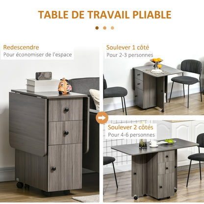 Folding Kitchen Table Folding Dining Table with 2 Folding Trays with 2 Drawers 1 Cabinet and 1 Storage Shelf 120 x 60 x 76.5 cm - Dark Grey