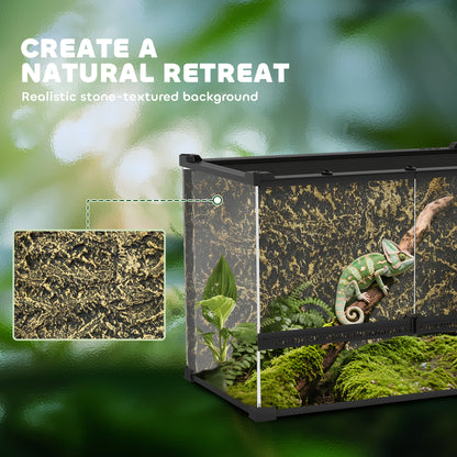 Glass Terrarium for Reptiles — 48 L Enclosure with Front Ventilation, Rock Backdrop, Escape-Proof Knob Lock, Black (50 × 30 × 35 cm / 19.7 × 11.8 × 13.8 in)