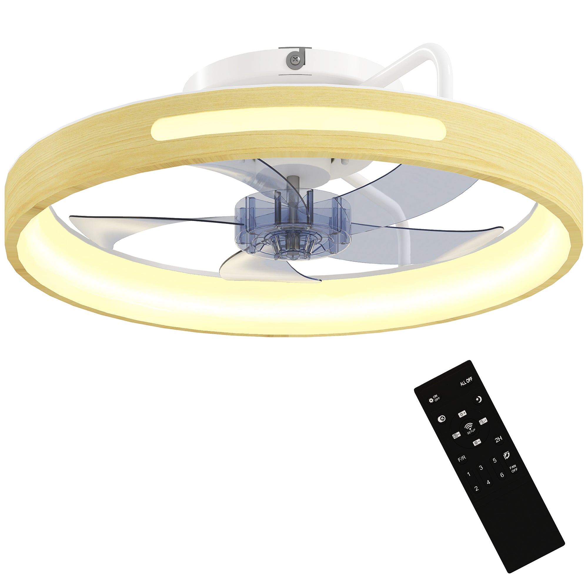 19.3 in LED Ceiling Fan with Light, 40W, Reversible DC Motor, Quiet Operation, Remote Control, 6 Speeds, 3 Color Temps, Timer — Natural Wood Finish